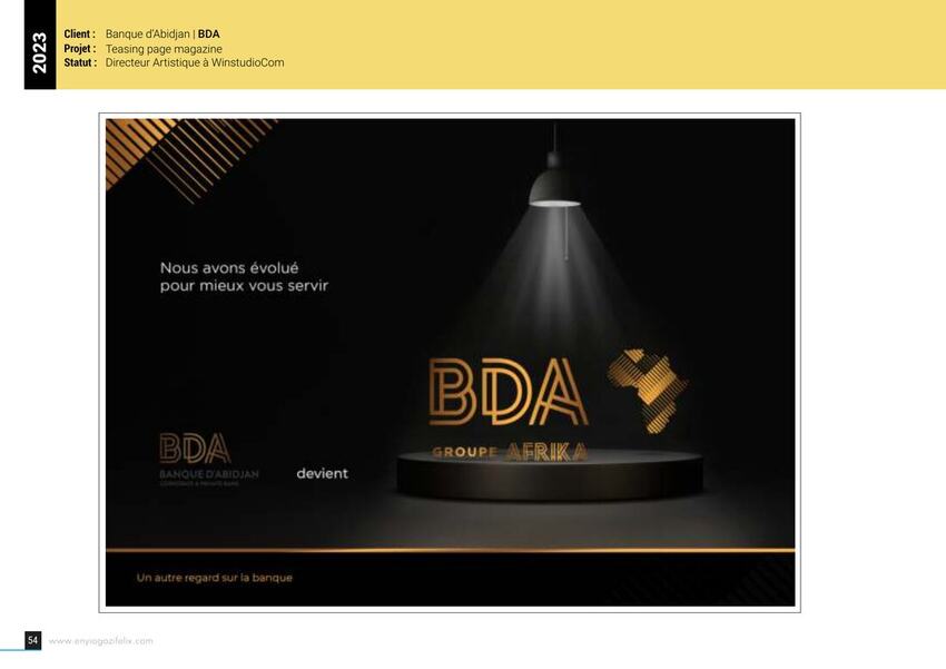 Banque d'Abidjan (BDA) — Rebranding « BDA Groupe Afrika » — pages magazine, calendrier, bloc-note